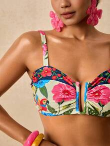 Travachic Women's Tropical Resort Style | Vintage Parrot Floral Print Wide Strap U-Notch Bikini Set - Contrast Trim Mid-Waist Two Pieces Swimwear Beachwear - Multicolor - View 7