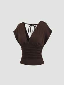 Sweetra Women's New Fashion Versatile Knit V-Neck T-Shirt, Waist Drawstring, Front & Back V-Neck, Shoulder Sleeve Design - Brown - View 3