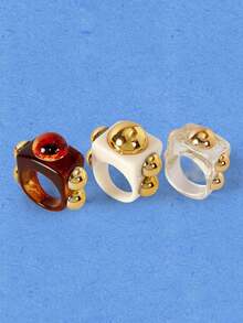 Popjeli 3 piezas 1 set de anillos cuadrados de resina personalizados con ojo de diablo, joyería de mujer de estilo punk de verano apilada y neutra, adecuada para fiestas y vacaciones - Multicolor - Ver 17