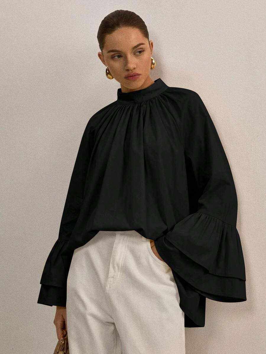 ATUI Studio Women's Stand Up Collar Pleated Loose Shirt With Double-Layer Ruffle Edge Flared Sleeve Design, - Black - View 1