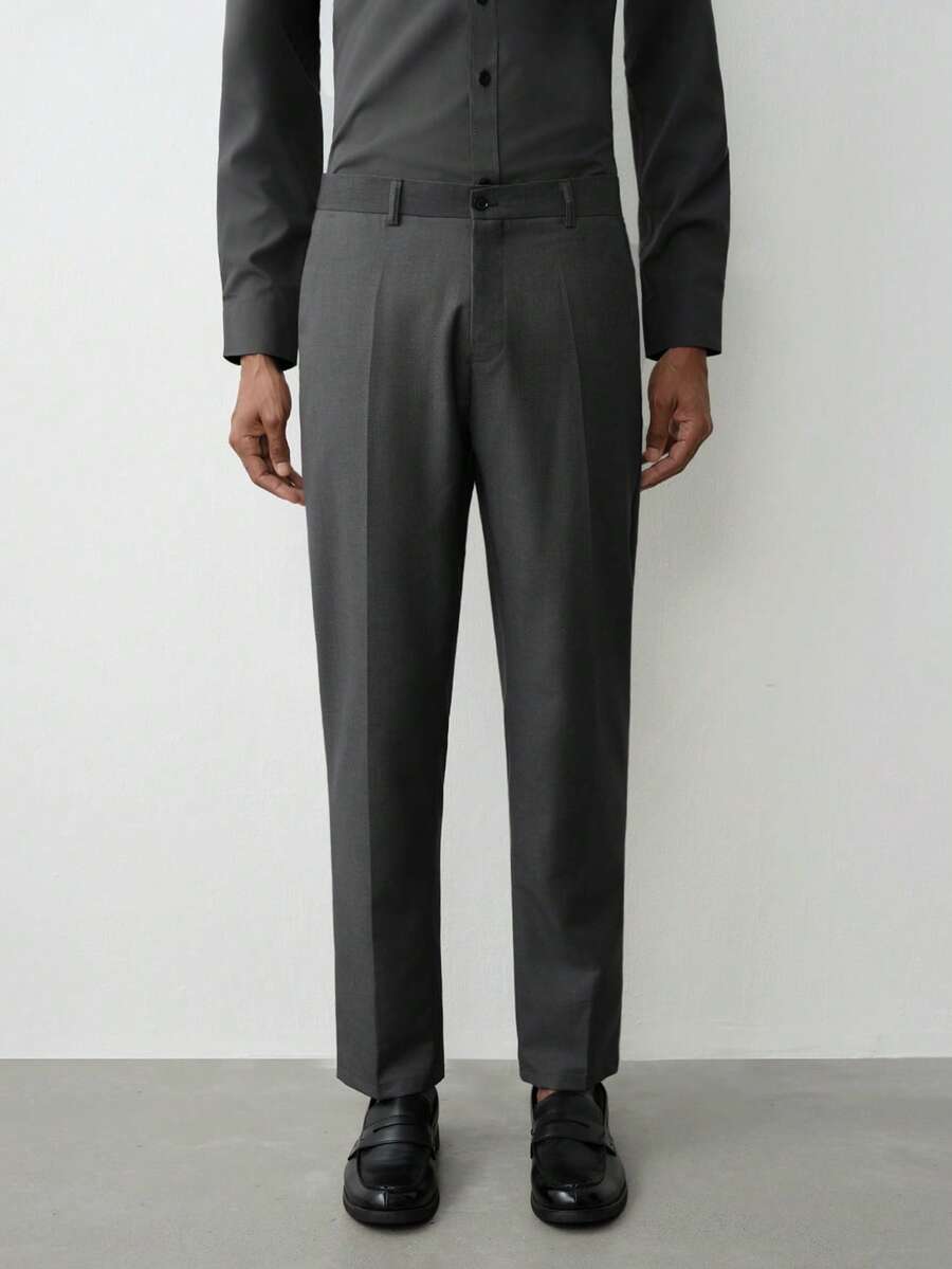 MENRIVO Pantalones de traje formales de pierna recta con bolsillos y cinturón de cintura de unicolor para hombres (Irregularidades), Ceremonia - Gris Oscuro - Ver 1