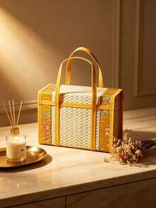 1Pc Foldable Camp Storage Basket Woven From Bamboo, Batik Cloth Covered, Picnic Basket, Rural Style. - yellow and white - View 9