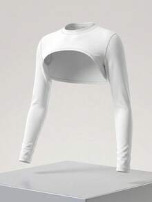 SHEIN Cheerettes 纯色短款运动 T 恤修身长袖衬衫 - 白色 - 查看 1