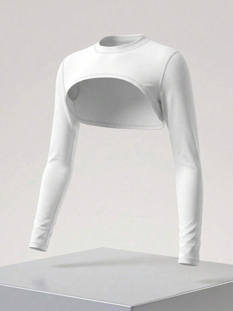 SHEIN Cheerettes 纯色短款运动 T 恤修身长袖衬衫 - 白色 - 查看 1