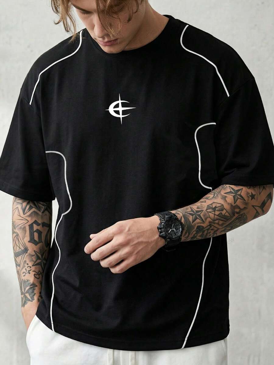 Sport MetroGents 男士幾何印花短袖寬鬆版型運動T恤 - 黑色 - 查看 1