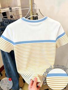 Tween Girls Casual Comfortable Fashionable Minimalist Versatile Personalized Striped Bow Pattern Print T-Shirt Casual Style Spring Summer Short Sleeve T-Shirt Striped Contrast Color Slim Fit Top Daily Wear Suitable For Spring Summer Autumn Tops - Multicolor - View 2
