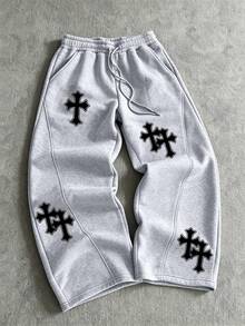Manfinity EMRG Men's Cross Pattern Print Pocket Drawstring Waist Casual Loose Sweatpants - Grey - View 1