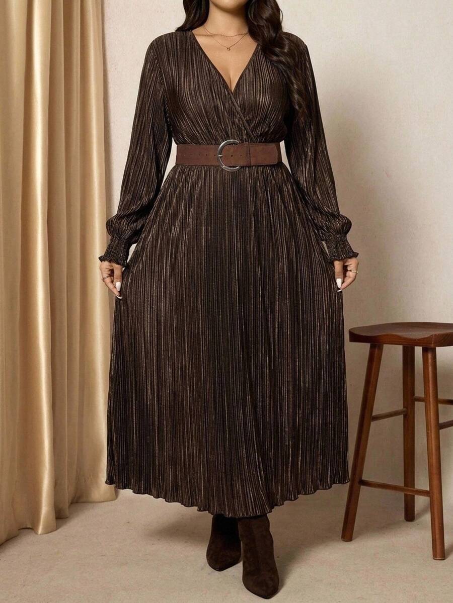 Comfylo 大码秋季服装全印花褶皱豹纹长袖连衣裙/秋季连衣裙/秋季女装秋季婚礼宾客连衣裙优雅女士连衣裙商务休闲女士工作服商务连衣裙