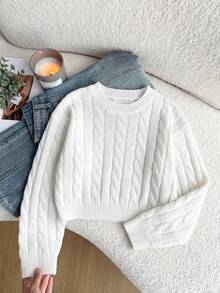 SHEIN 1件女童短款套頭毛衣，簡約百搭圓領扭繩紋理，時尚休閒風，適中厚度，下擺整齊，柔軟舒適耐穿耐磨，細緻質感，適合日常穿著、外出、聚會、上學、街頭、居家，秋冬穿搭 - 米色 - 查看 7