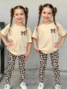 Elladie kids 春夏季秋季女童幼兒時尚個性化清新簡約豹紋蝴蝶結印花休閒基礎短T恤與長褲套裝，舒適夏秋風格，適合女童四季穿搭套裝 - 彩色 - 查看 3