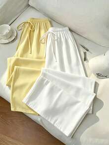 SHEIN Unity Women's New Fashion Versatile Low Waist Straight Leg Wide Leg Pants Long Pants Light Yellow + White 2 Pieces Set - Multicolor - View 1