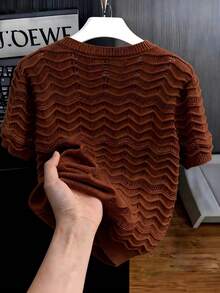 Manfinity Homme Men's Solid Color Hollow Out Round Neck Short Sleeve Casual Knit Top Vacation Rusty Orange Summer Holiday - Brown - View 8