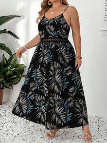 SHEIN CURVE+ Plus Size Women's Summer Beach Vacation Tropical Print Contrast Lace Spaghetti Strap Dress, Summer Dresses For Women - Multicolor - View 7