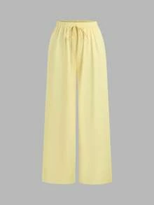 SHEIN Unity Women's New Fashion Versatile Low Waist Straight Leg Wide Leg Pants Long Pants Light Yellow + White 2 Pieces Set - Multicolor - View 6