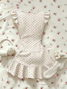 GlowEve Women's Round Neck Bow Polka Dot Pleated Dress - Apricot - View 2