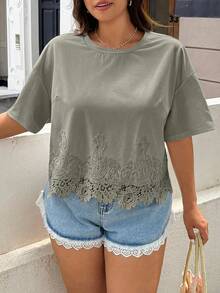 GalTyme Kaos Lengan Pendek Ukuran Besar Motif Salju Musim Semi - Olive Green - View 5