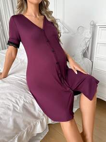Moonlight&Mama Maternity Pajamas - Short Sleeve Dress (Lace Cuffs) - Purple - View 4