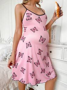 Moonlight&Mama Moonlight Mama Spring/Summer Minimalist Cute Fashion Butterfly Print Baby Pink Knit Camisole Maternity Nightgown Baby Shower Photoshoot Postpartum - Pink - View 4