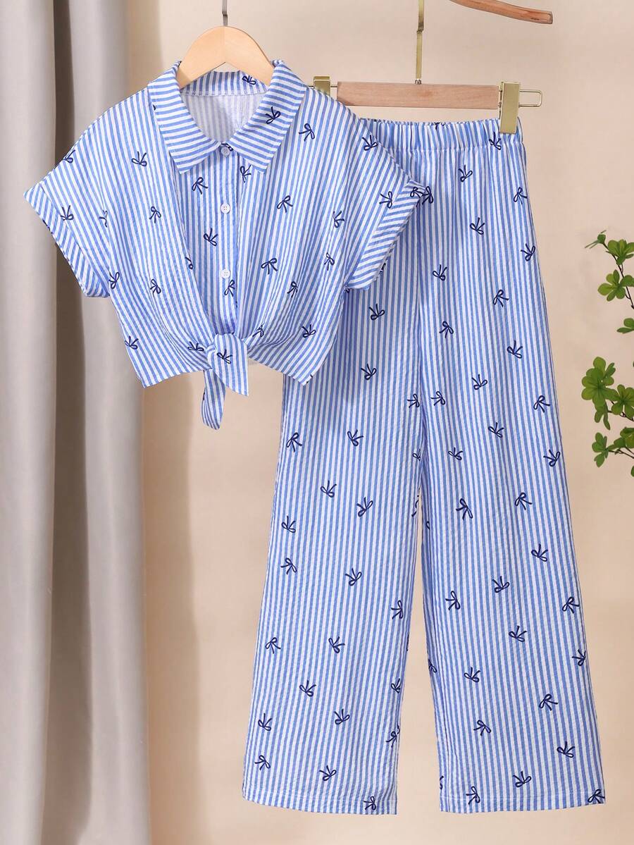 SHEIN Playful Pals 女童條紋領無袖鈕扣上衣與直筒長褲兩件套 - 彩色 - 查看 1