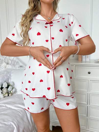Moonlight&Mama Moonlight & Mama Spring/Summer Fashion Casual Heart Print Lapel Bow Decor Top & Adjustable Waist Shorts Maternity Loungewear Set