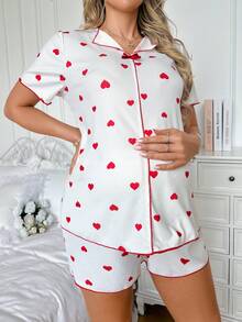 Moonlight&Mama Conjunto de ropa de estar en casa de maternidad Moonlight & Mama primavera/verano, top casual de moda con estampado de corazones, solapa y decoración de lazo & shorts con cintura ajustable - Blanco - Ver 4