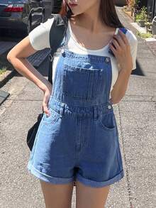 青少年女孩口袋休閒百搭日常出遊牛仔吊帶短褲 - 中等水洗藍 - 查看 1
