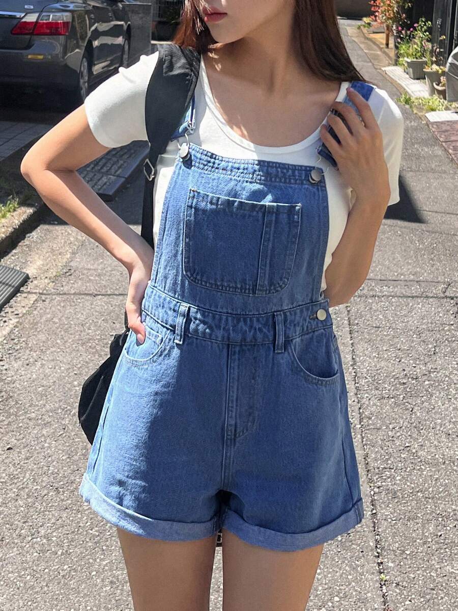 青少年女孩口袋休閒百搭日常出遊牛仔吊帶短褲 - 中等水洗藍 - 查看 1