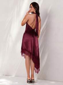 Glamine Women's Elegant Halter Neck Dress, Bold Backless Design With Large Bow, Satin Material, Lace Asymmetric Hem, Halter Neck Dress, Satin Lace Dress, Spring Cocktail Dress, Party Dress, Spring Wedding Guest Dress, Beach Evening Gown, Vacation Dress, Date Night Outfit, Vacation Style - Burgundy - View 2