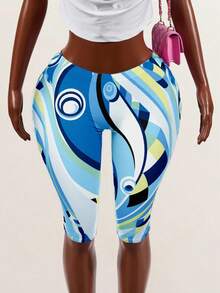 Mistrie Pantalones cortos de mujer para uso diario casual, de verano, deportivos, con estampado geométrico multicolor, cintura baja elástica, control de abdomen, levantamiento de glúteos y efecto adelgazante - Multicolor - Ver 5