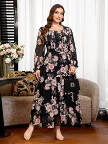 Reflora Vestido elegante de talla grande con cuello cuadrado y cintura definida con estampado floral - Burdeos - Ver 7