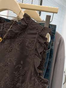 GlowEve CURVE Plus Size Women Comfortable Fitted Embroidered Ruffle Hem Blouse, Casual/Work Wear, Suitable For Daily Outing, Commuting, Dating, Spring & Summer - Brown - View 6