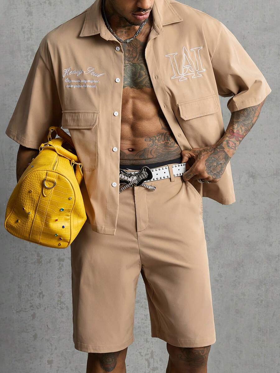 AXEPEAK Men's Slogan Graphic Short Sleeve Utility Shirt And Shorts Set - Camel - View 1