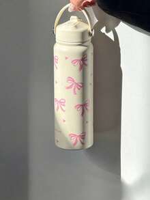 1pc 800ml Large Stainless Steel Insulated Travel Mug With Bow Print - Reusable, Durable Coffee Cup With Portable Handle & Foldable Straw - Perfect For Valentine's Day, Christmas, Graduation, Back To School, Gifts, Daily Use, Office & Outdoor Sports - Multicolor - View 10