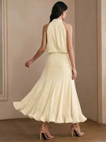 Anewsta Spring/Summer New Holiday Party Sleeveless Detachable Floral Decor Cinched Waist Ruffle Hem Romantic Elegant Maxi Dress For Women - Apricot - View 2