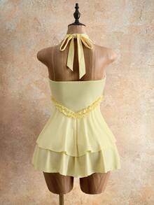 Mistrie Women's Summer Vacation Halter Neck Dress With Ruffle Hem - Yellow - View 2