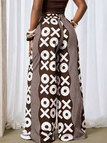 BamGleam Fashionable Casual Commuter City Break Wave Pattern Symbol Print Wide Leg Long Pants Brown Summer - Multicolor - View 3