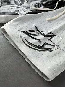 ROMWE MEN Street Life Men's Character Print Sparkling Rhinestone Loose Shorts Spring Summer - Grey - View 5