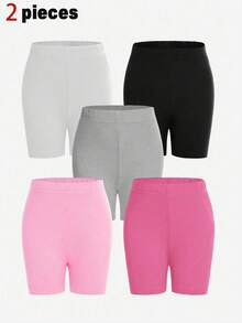 SHEIN 5pcs Randomly Sent 2pcs; 4-7 Years Old Girls Leggings Randomly Sent 2pcs, Random Color, Solid Soft All-Match Versatile Daily Children Shorts - Multicolor - View 3