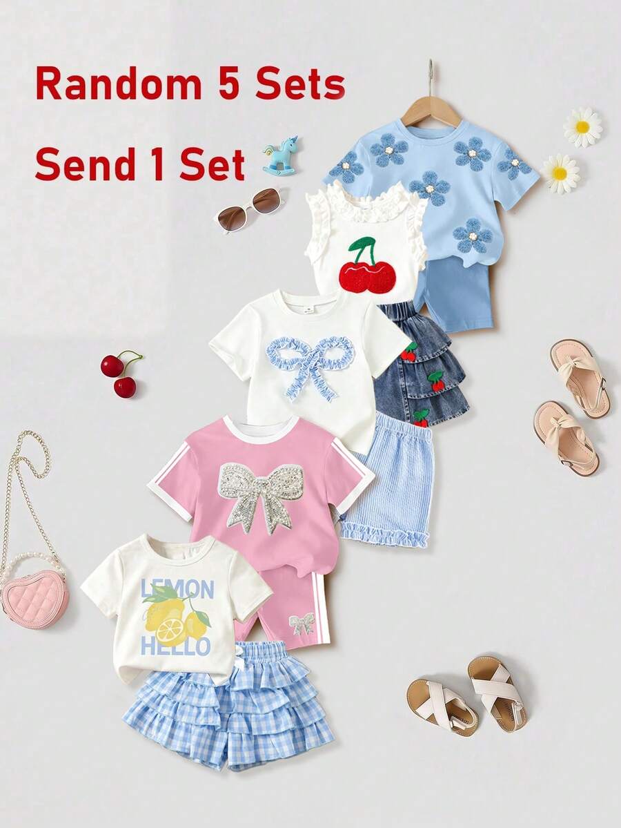SHEIN 女童 2 件套夏季女童服裝驚喜盒 [隨機 5 套，發送 1 套] 可愛甜美套裝，優雅小女孩 2 件套褲裝，兒童時尚套裝，幼兒服裝，春/夏服裝套裝，時尚女孩套裝，新風格，春季氛圍，休閒外出穿搭