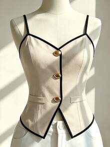 Fine & Folde New V-Neck Camisole With Water Drop Buttons, Versatile Commuter Style Hot Girl Women's Tank Top - Beige - View 6