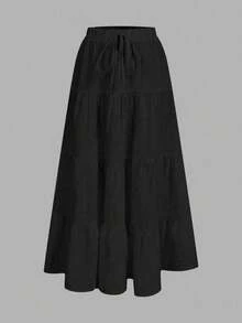SHEIN EZwear 大尺碼休閒極簡風裙子，適合秋冬季節 - 黑色 - 查看 1