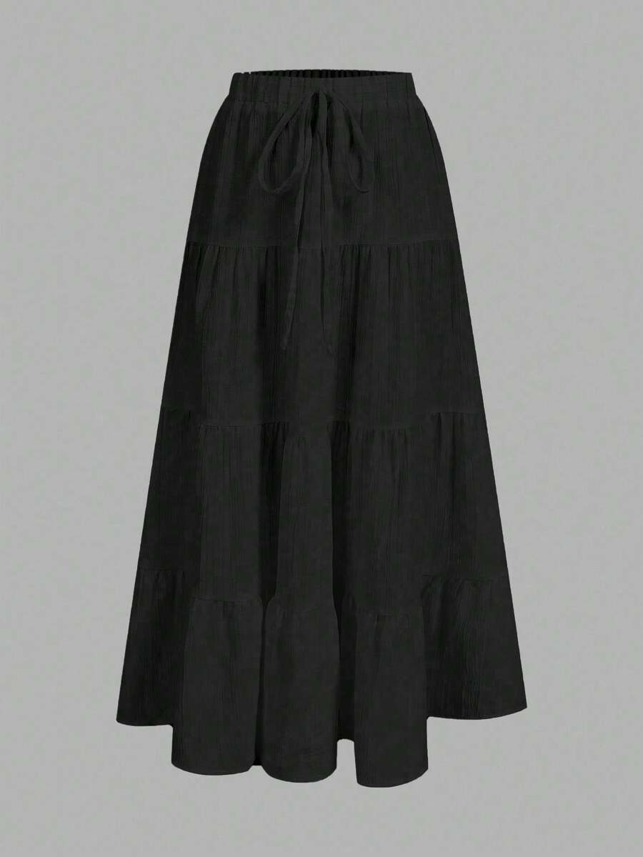 SHEIN EZwear 大尺碼休閒極簡風裙子,適合秋冬季節 - 黑色 - 查看 1