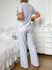 Moonlight&Mama Moonlight Mama Spring/Summer Basic Cute Casual Fashion Heart Print Lapel Bow Decor Short Sleeve Pants Maternity Loungewear Set Lounge Prom Light Blue - Grey - View 2