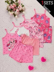1套女童吊帶上衣與短褲家居服套裝，盲盒款式，4款設計，隨機發貨1款，上衣與短褲印有可愛卡通兔子與愛心圖案，營造甜美活潑風格，柔粉色與白色配色，柔軟針織面料，親膚光滑觸感，垂墜感佳，舒適貼身，可機洗 - 彩色 - 查看 3
