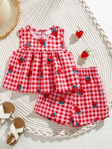 SHEIN Baby Girl Two Pieces Summer Round Neck Sleeveless Top And Red Shorts Set. - Red - View 1