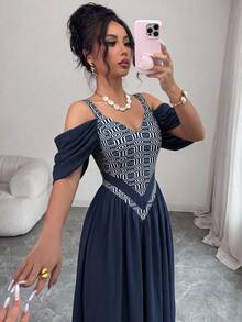 Elenzga 優雅浪漫精緻女款細肩帶性感露肩印花A字度假洋裝 - 彩色 - 查看 8