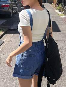 青少年女孩口袋休閒百搭日常出遊牛仔吊帶短褲 - 中等水洗藍 - 查看 2