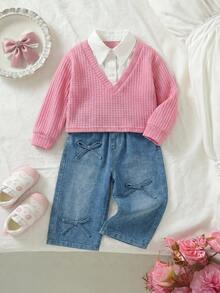 SHEIN Set Baju Atasan Lengan Panjang dan Celana Panjang Pinggang Elastis 2 in 1 Lucu untuk Bayi Perempuan - Berwarna merah muda - View 7