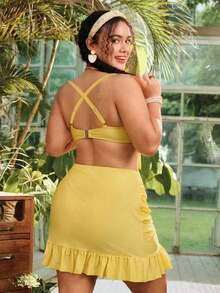 Swim Mod Conjunto de 3 peças para mulher plus size com sutiã com atacadores e franzido, cueca triangular, capa com bainha com folhos e saia - Amarelo - Ver 2