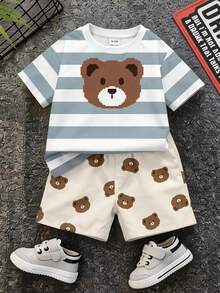 Baby Boy Casual Simple T-Shirt Set Suitable For Summer, Classic Striped Cartoon Pixel Bear Pattern Print. - Multicolor - View 2